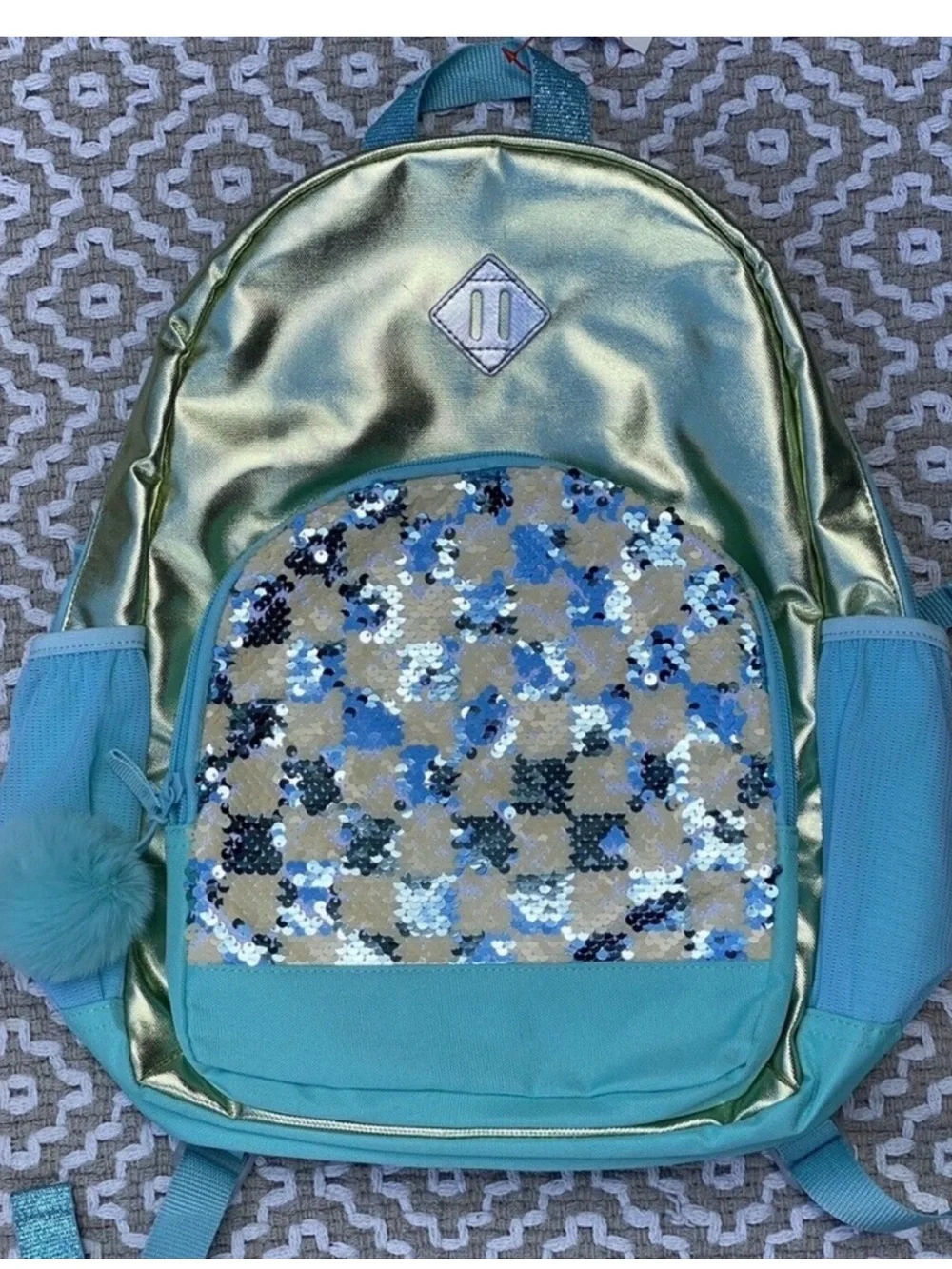 Cat & Jack Metallic Lime Green and Aqua Sequin Kids Backpack